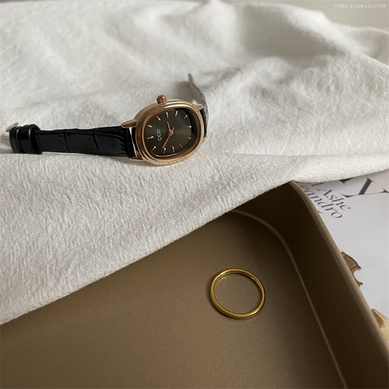 Dainty Black Oval Leather Watch for Women