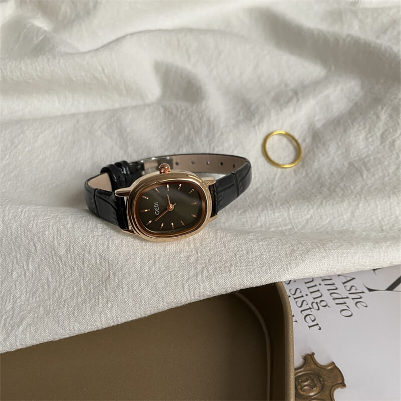 Dainty Black Oval Leather Watch for Women