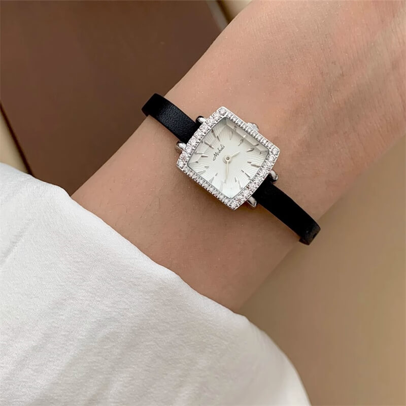 Classic Black Shining Square Face Genuine Leather Watch