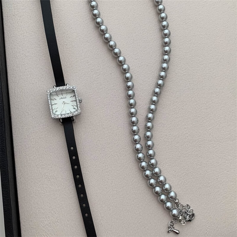 Classic Black Shining Square Face Genuine Leather Watch