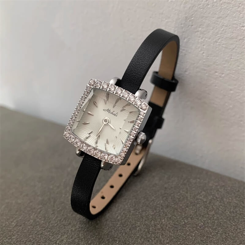 Classic Black Shining Square Face Genuine Leather Watch