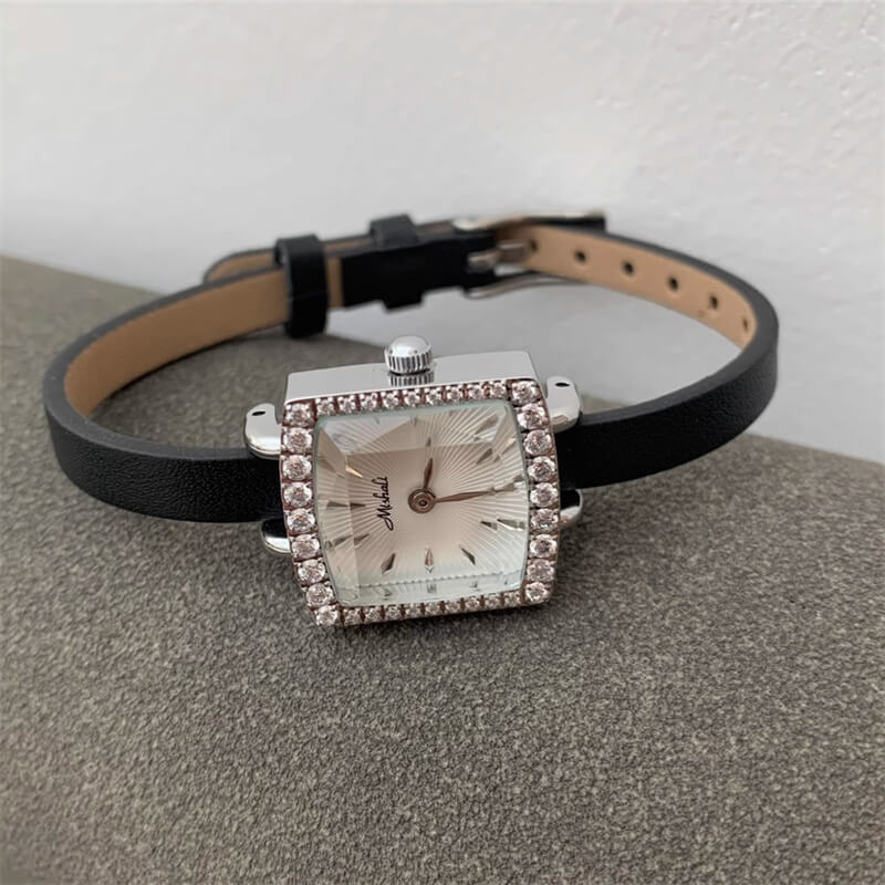 Classic Black Shining Square Face Genuine Leather Watch