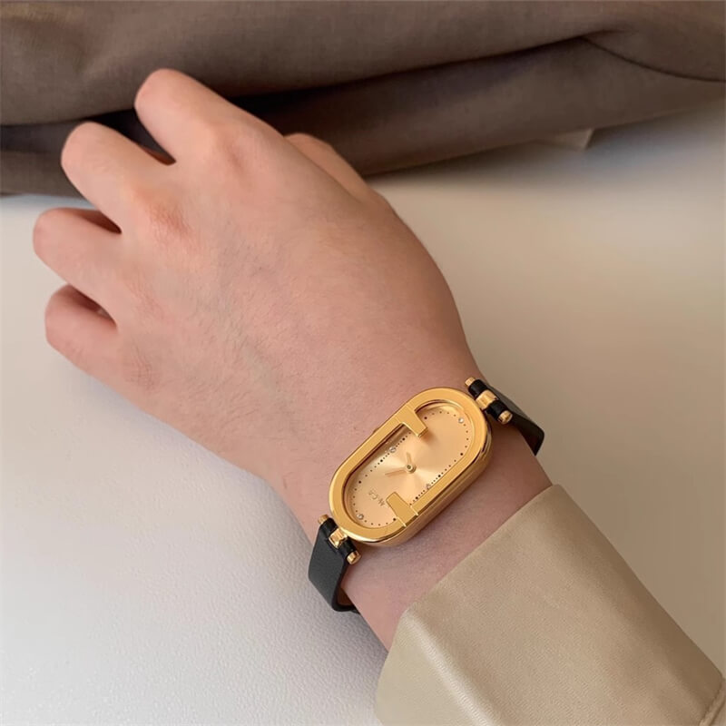 Classic Brown/Black Oval Genuine Leather Watch for Women