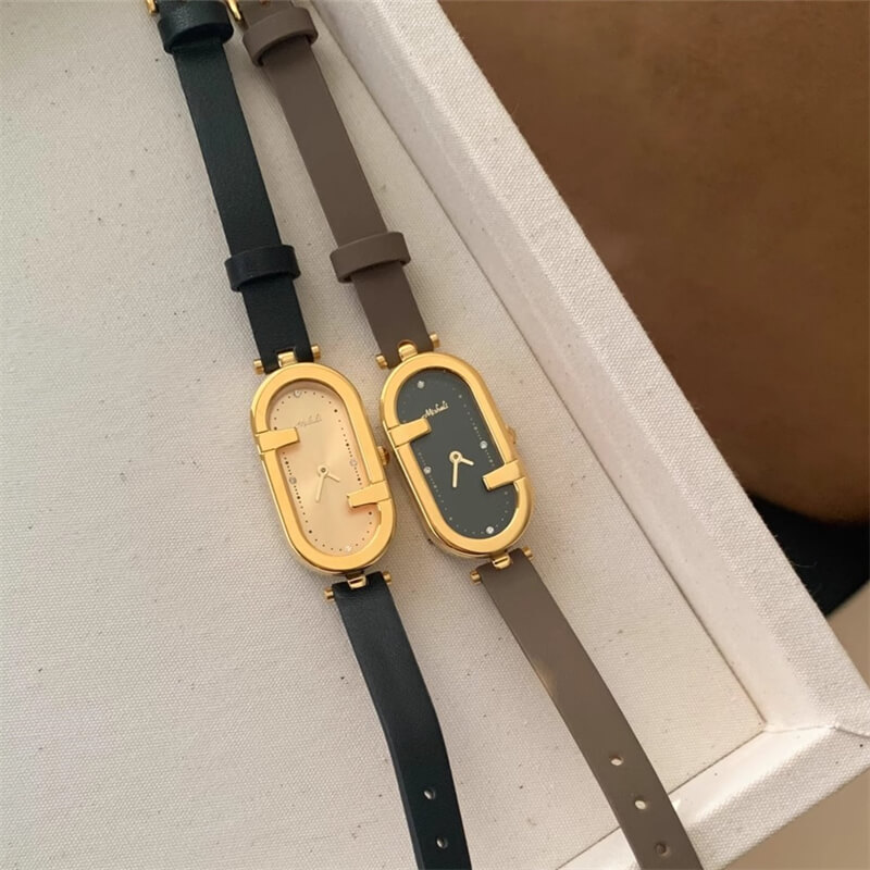 Classic Brown/Black Oval Genuine Leather Watch for Women