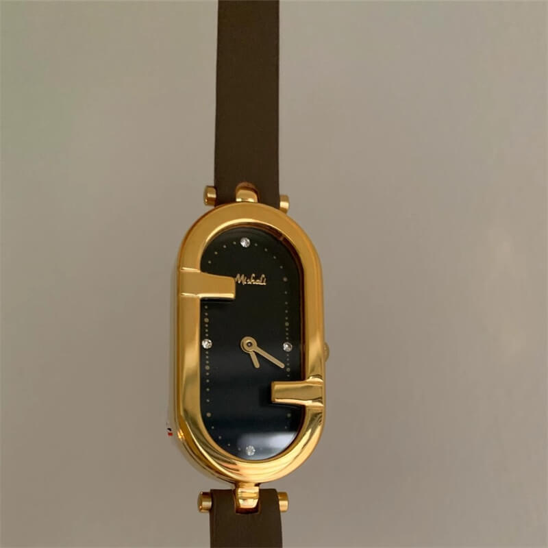 Classic Brown/Black Oval Genuine Leather Watch for Women