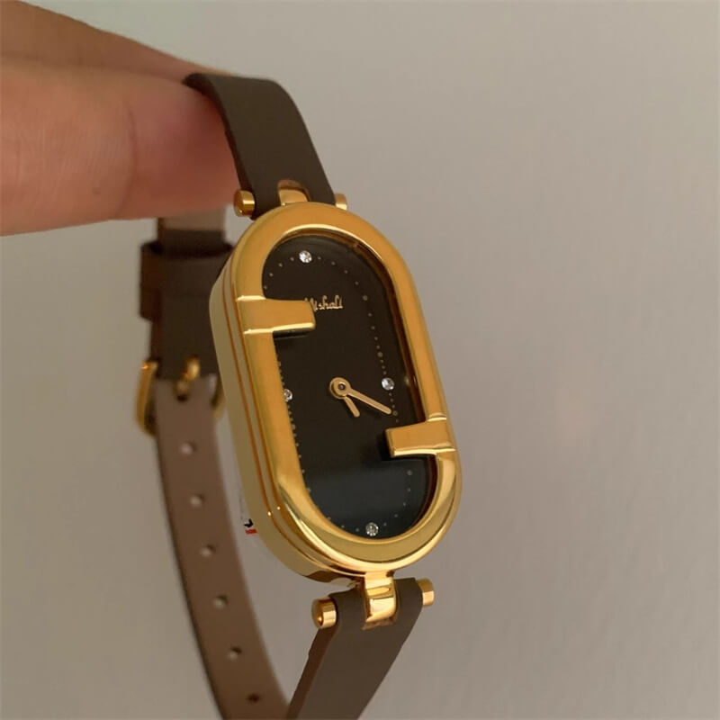Classic Brown/Black Oval Genuine Leather Watch for Women