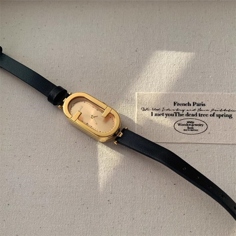 Classic Brown/Black Oval Genuine Leather Watch for Women