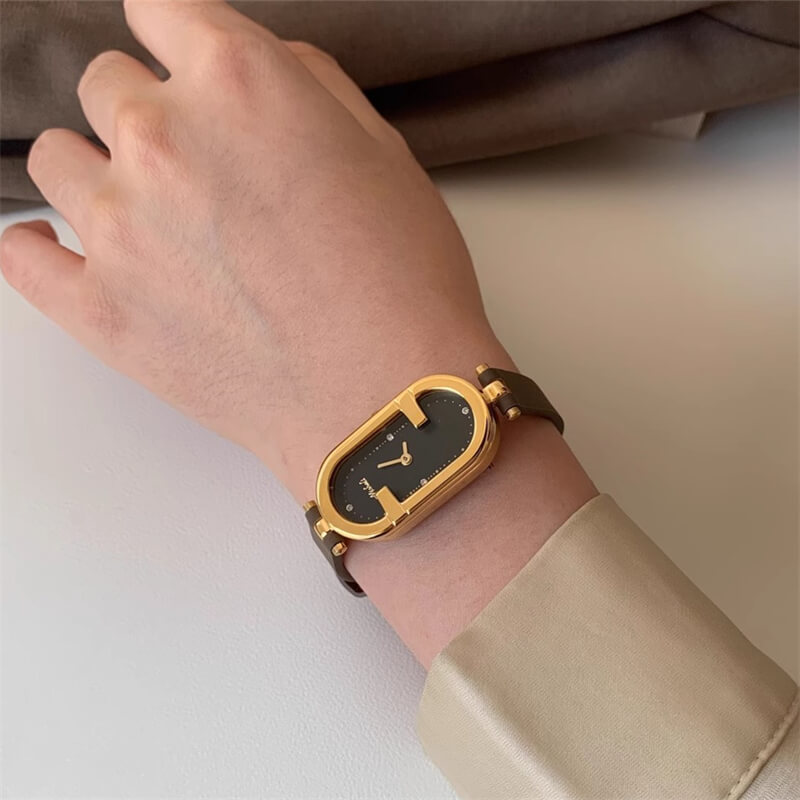Classic Brown/Black Oval Genuine Leather Watch for Women