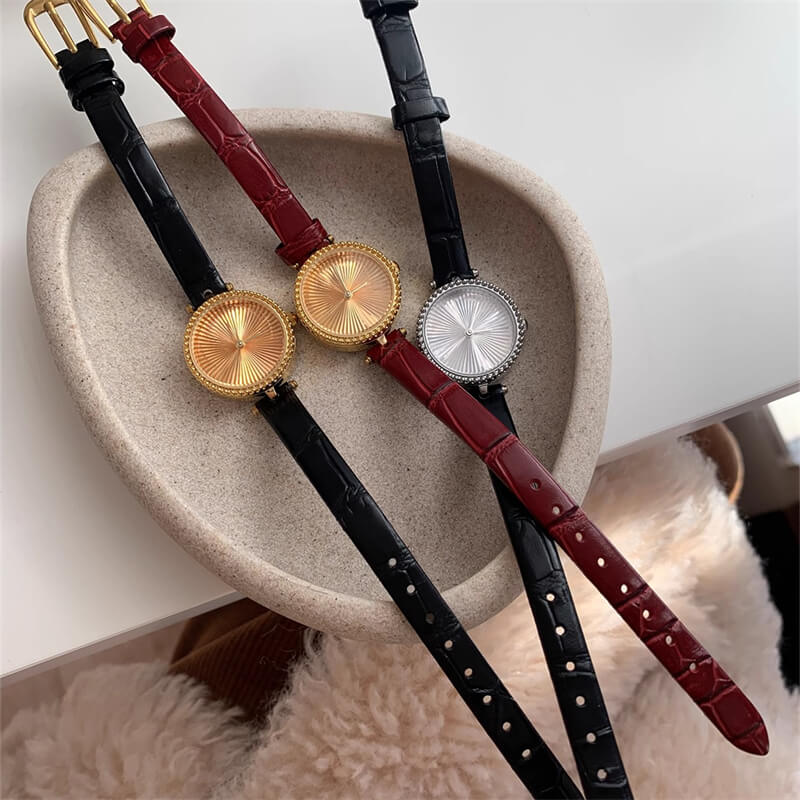 Chic Style Black/Red Round Genuine Leather Watch