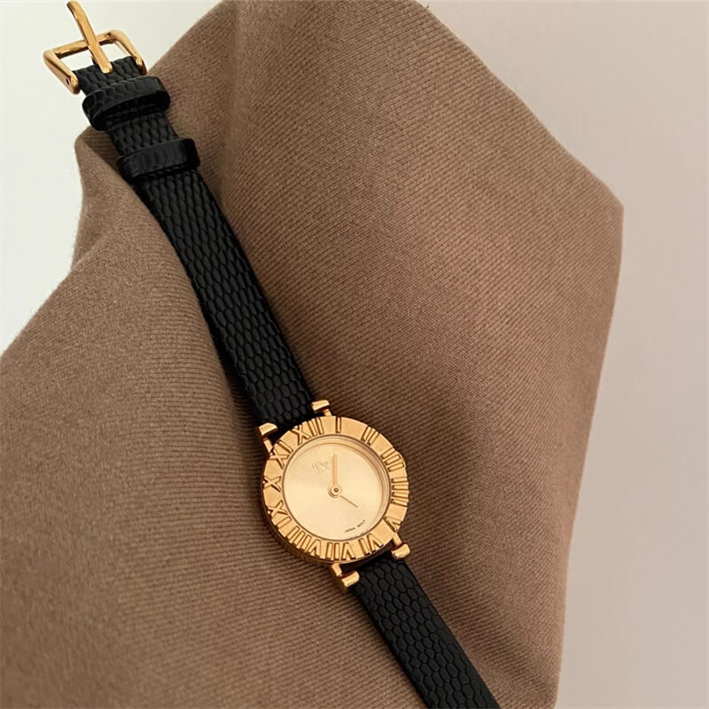 Minimalist Style Black-Gold/Silver Round Leather Watch for Women