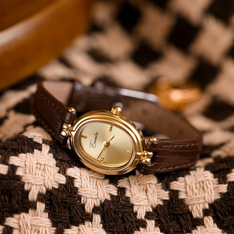 Vintage Style Brown/Black Oval Leather Watch for Women