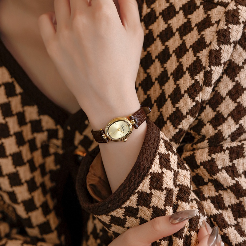Vintage Style Brown/Black Oval Leather Watch for Women