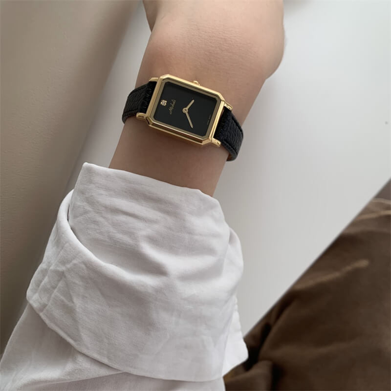 Minimalist Style Black Rectangle Genuine Leather Women’s Watch