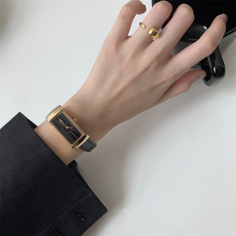Vintage-Inspired Black Rectangle Genuine Leather Women's Watch