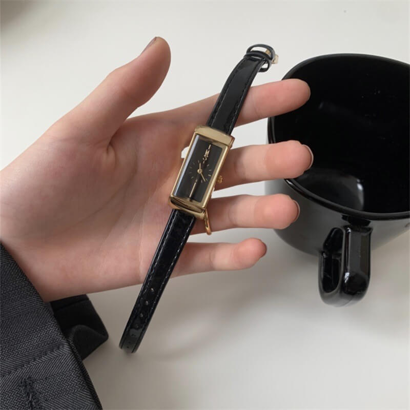 Vintage-Inspired Black Rectangle Genuine Leather Women's Watch