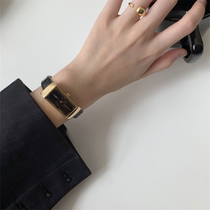 Vintage-Inspired Black Rectangle Genuine Leather Women's Watch