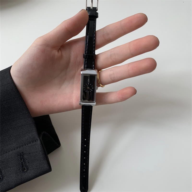 Vintage-Inspired Black Rectangle Genuine Leather Women's Watch