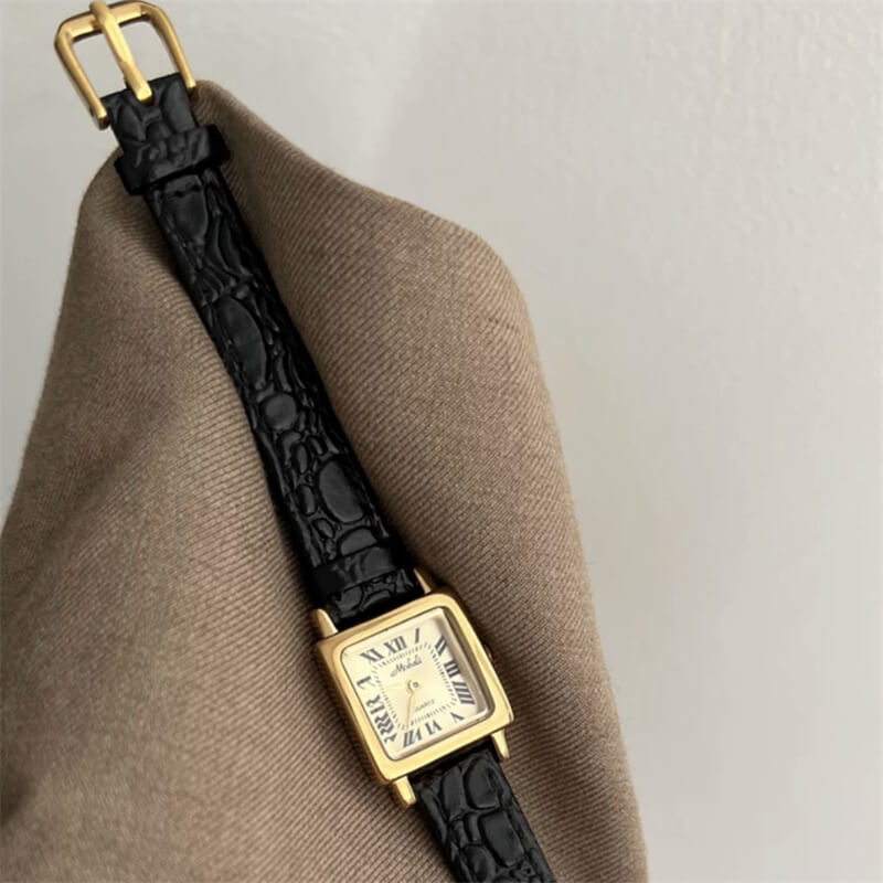 Classic Black-Gold Square Genuine Leather Watch