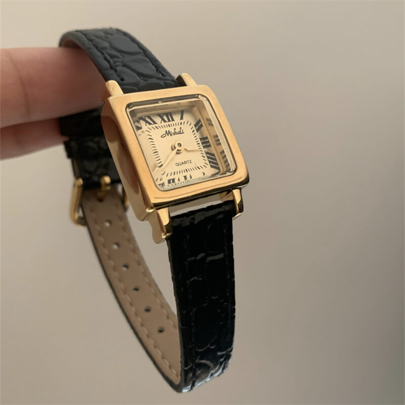 Classic Black-Gold Square Genuine Leather Watch