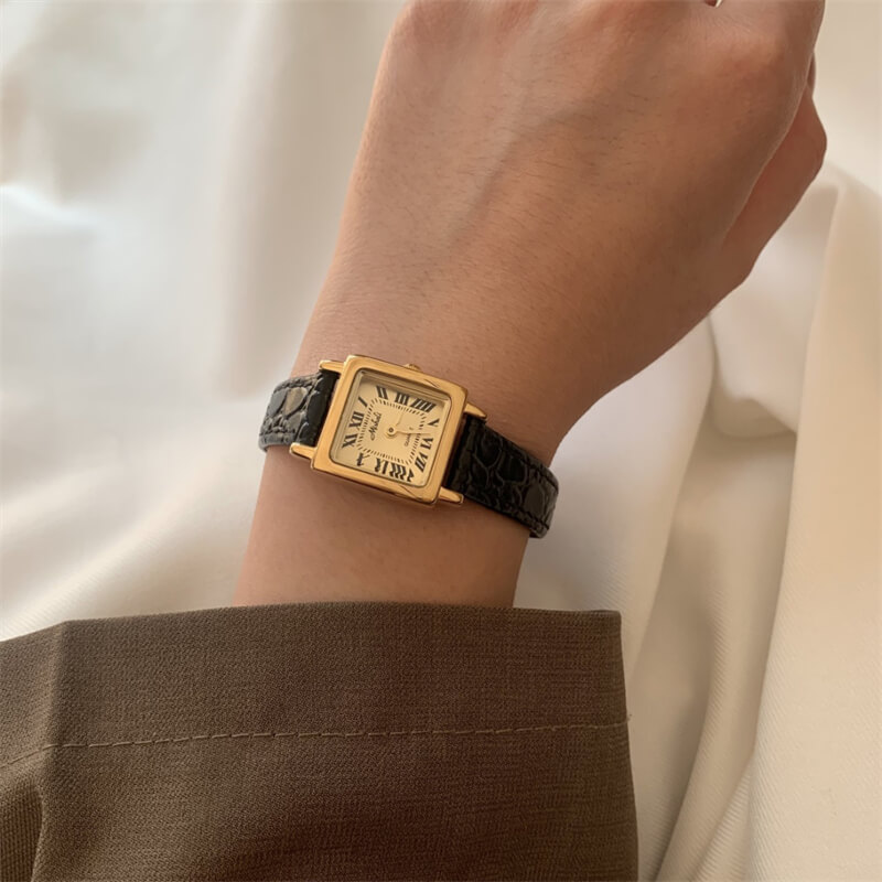 Classic Black-Gold Square Genuine Leather Watch