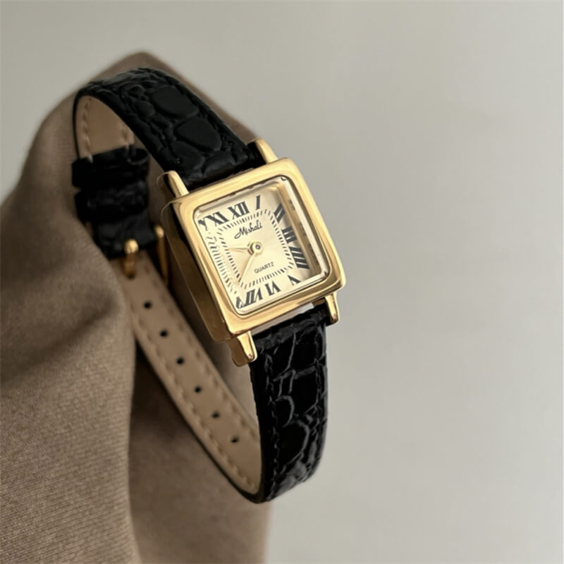 Classic Black-Gold Square Genuine Leather Watch