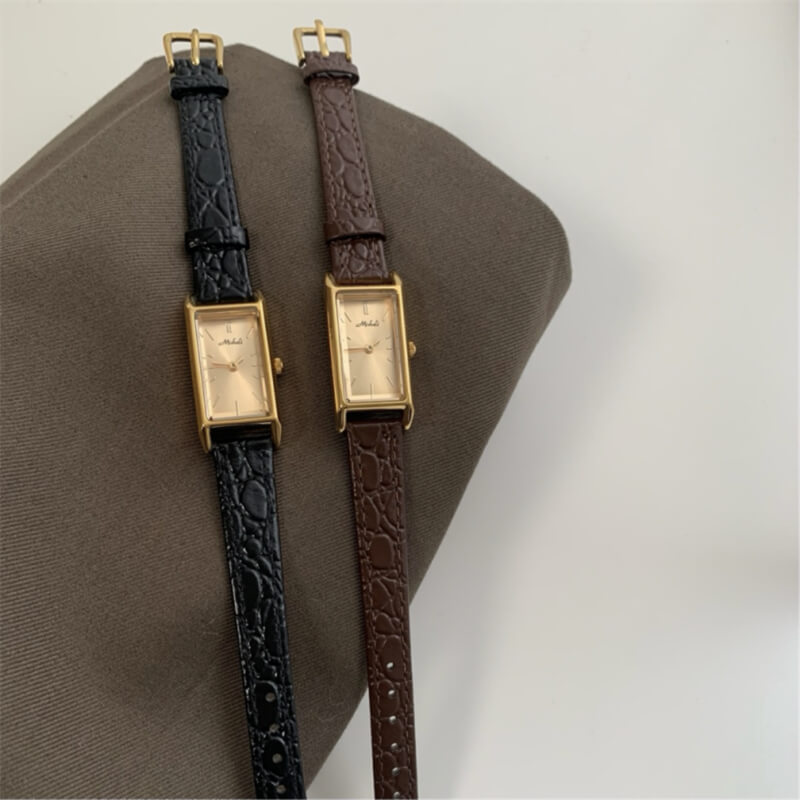 Minimalist Style Black Rectangle Leather Watch for Women