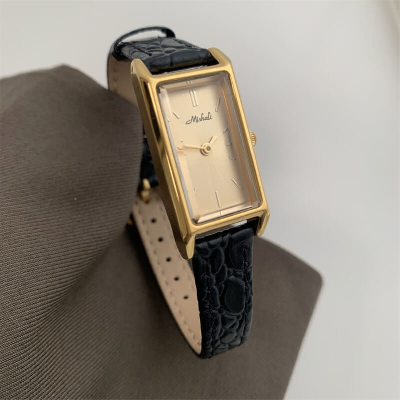 Minimalist Style Black Rectangle Leather Watch for Women