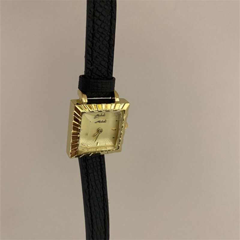Chic Style Black-Gold Square Leather Watch for Women