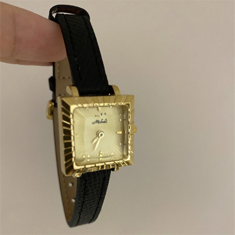 Chic Style Black-Gold Square Leather Watch for Women
