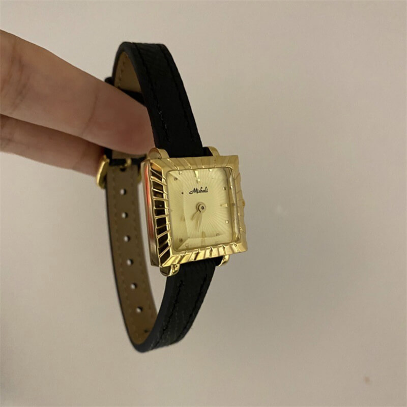 Chic Style Black-Gold Square Leather Watch for Women