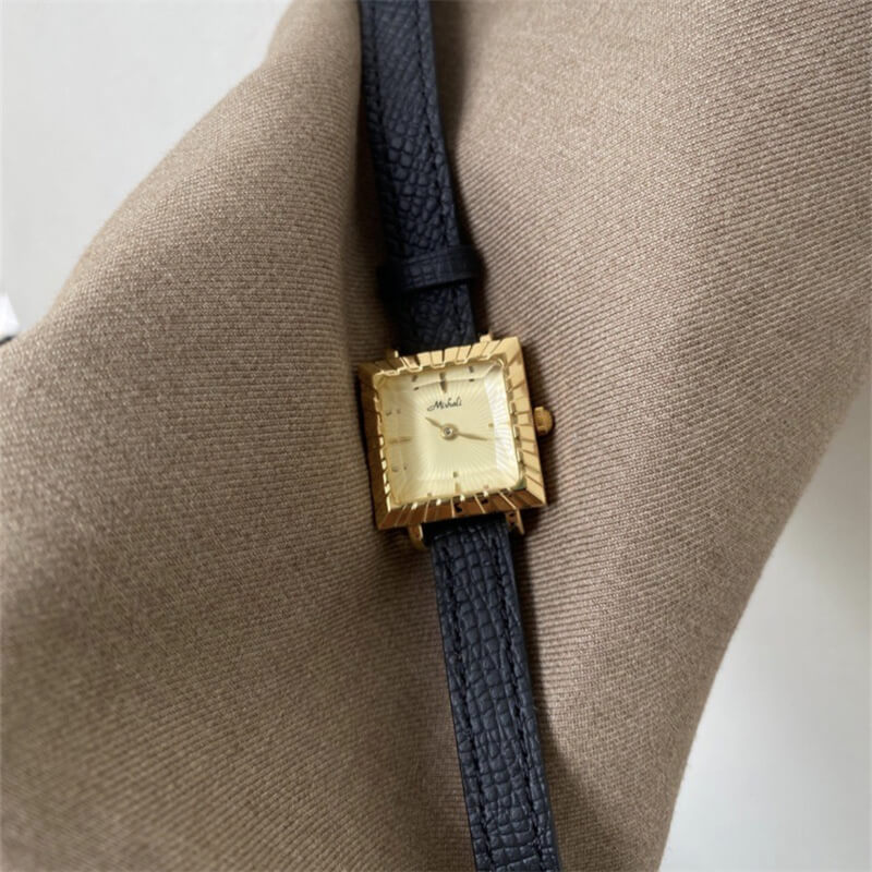Chic Style Black-Gold Square Leather Watch for Women