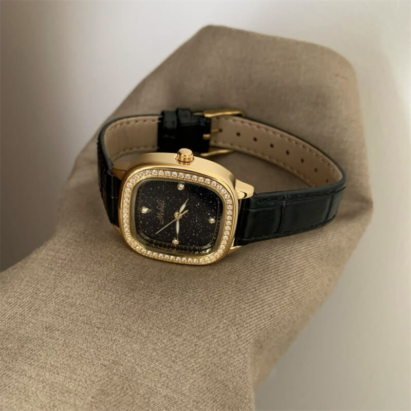 Chic Style Black Square Genuine Leather Wristwatch