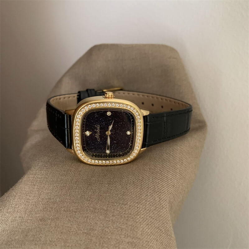 Chic Style Black Square Genuine Leather Wristwatch