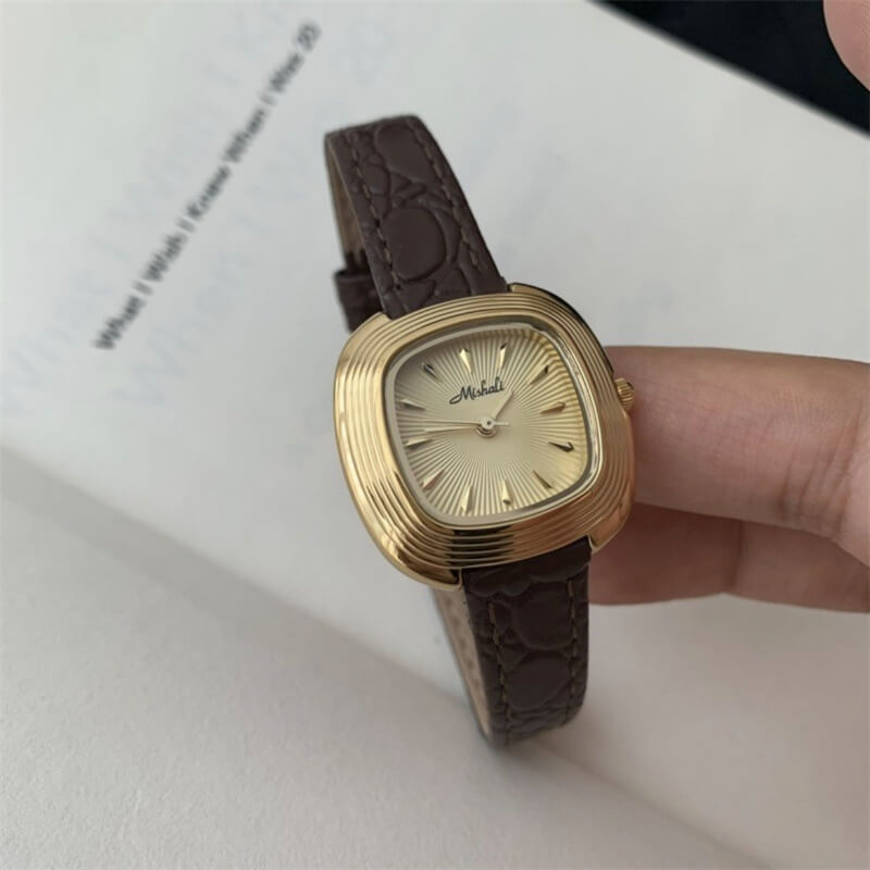 Dainty Brown/Black Square Genuine Leather Watch