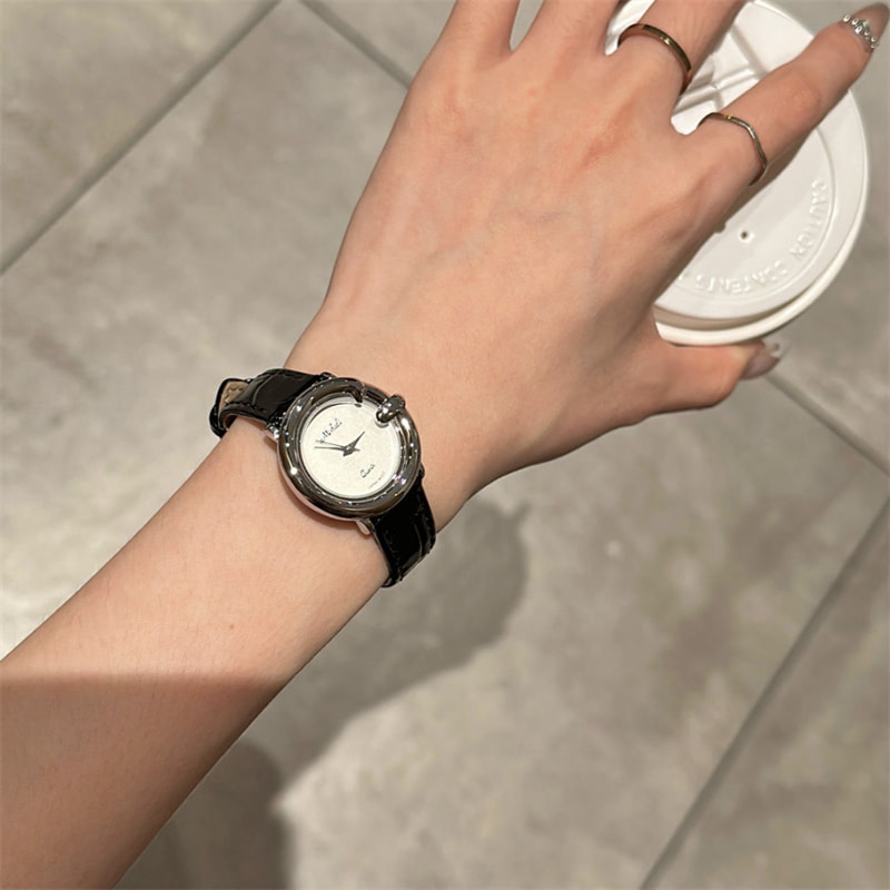 Classic Black Round Genuine Leather Watch for Women