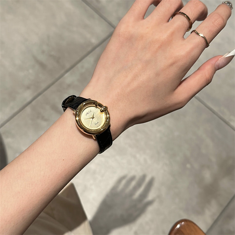 Classic Black Round Genuine Leather Watch for Women