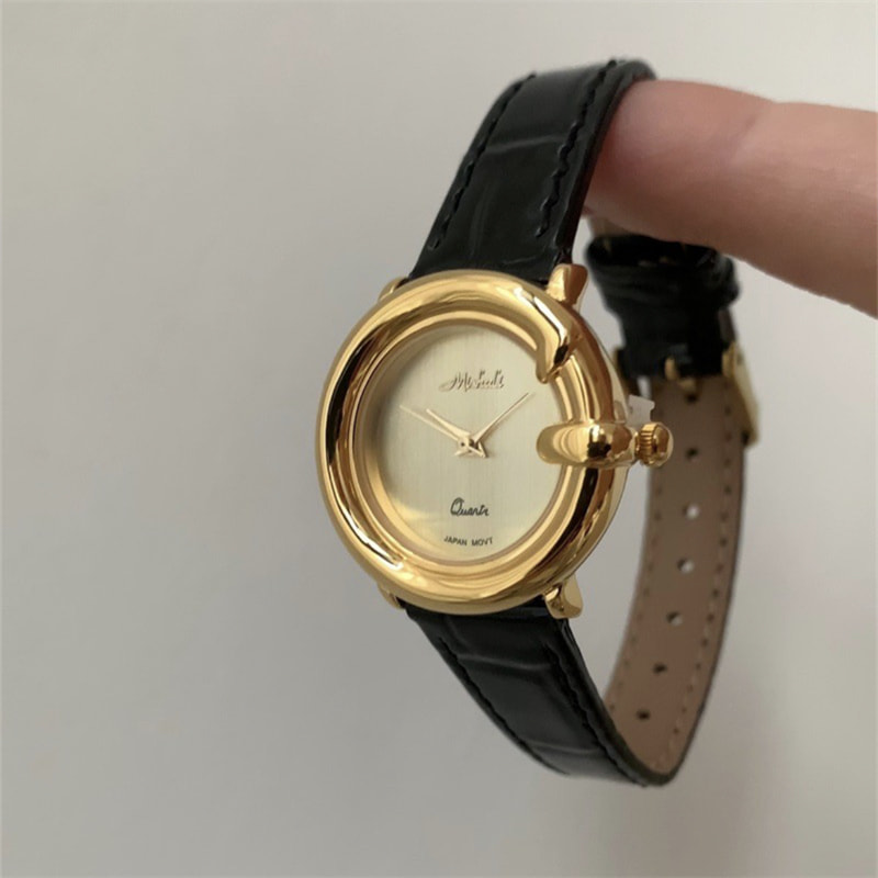 Classic Black Round Genuine Leather Watch for Women