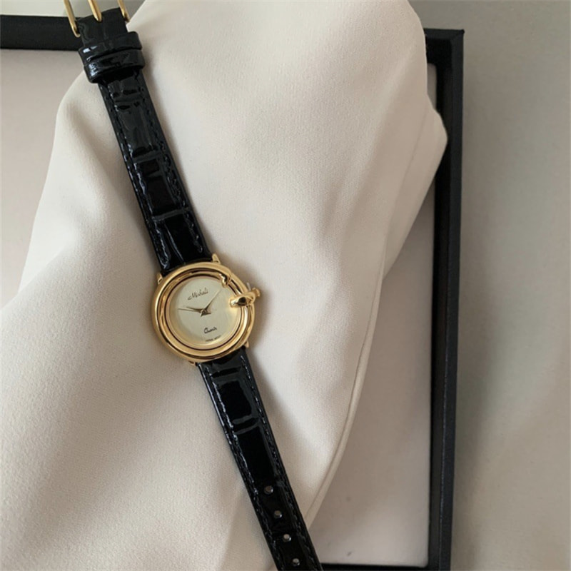 Classic Black Round Genuine Leather Watch for Women