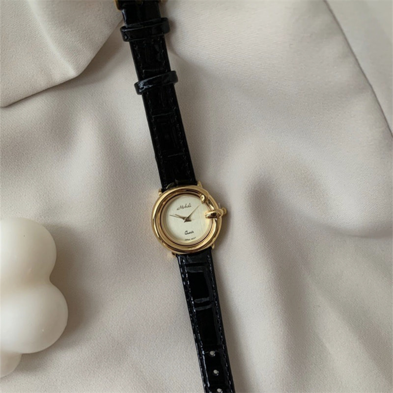 Classic Black Round Genuine Leather Watch for Women