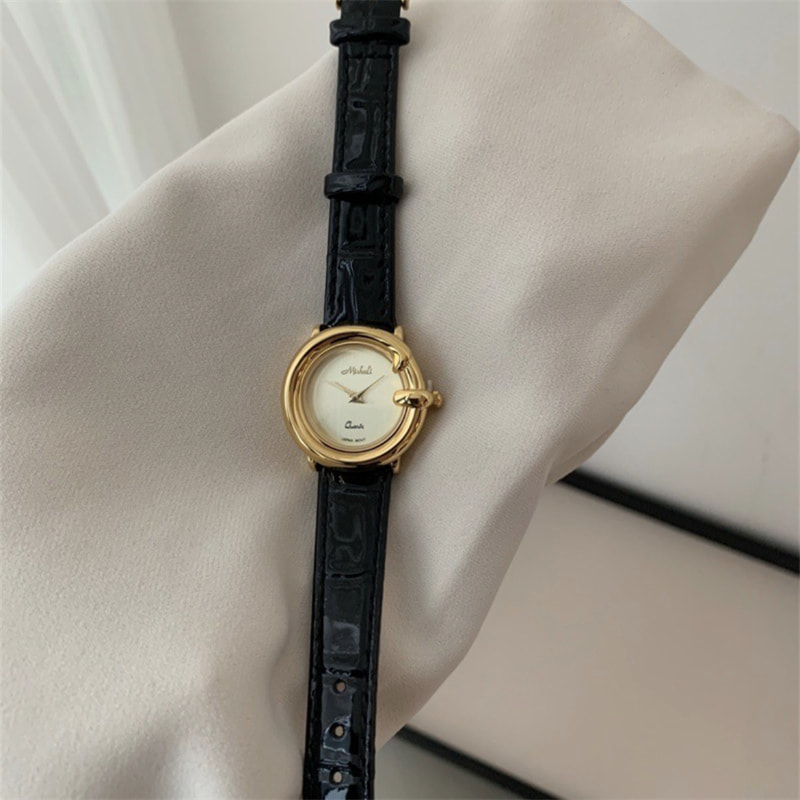 Classic Black Round Genuine Leather Watch for Women