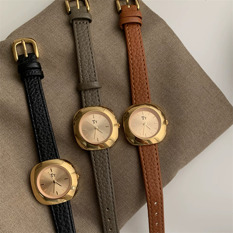 Vintage Style Brown/Black/Grey Round Leather Watch