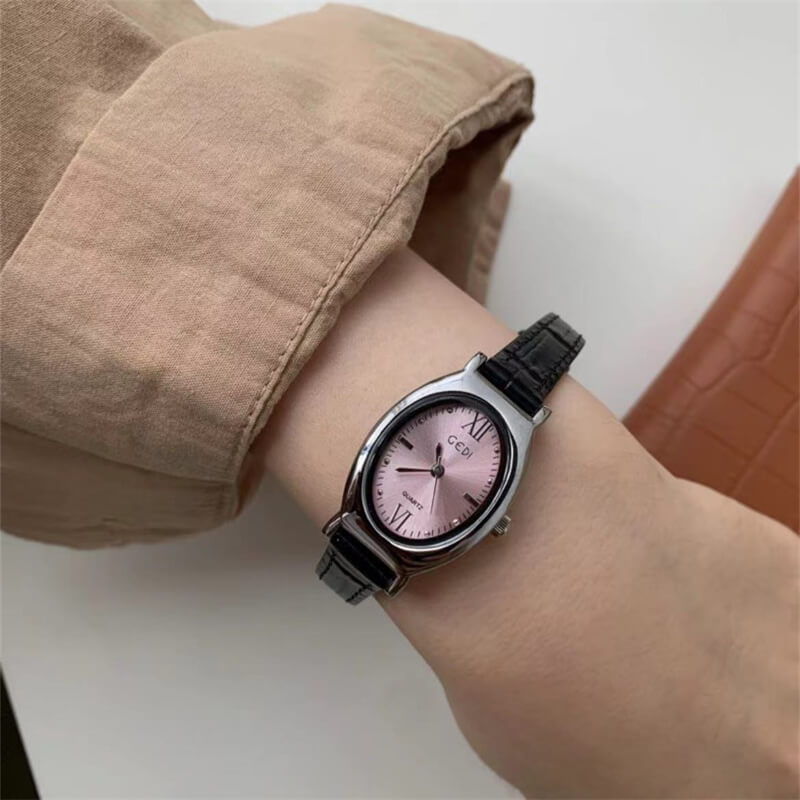 Dainty Pink/Blue/White Oval Face Leather Watch for Women