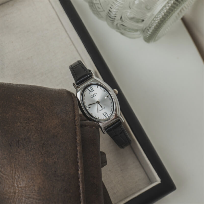 Dainty Pink/Blue/White Oval Face Leather Watch for Women