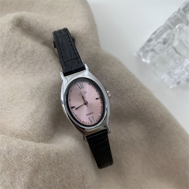 Dainty Pink/Blue/White Oval Face Leather Watch for Women