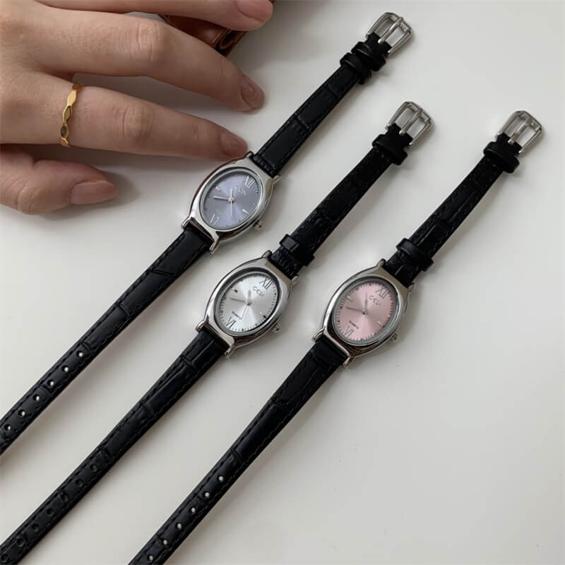 Dainty Pink/Blue/White Oval Face Leather Watch for Women