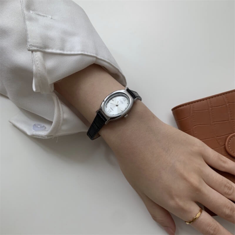 Dainty Pink/Blue/White Oval Face Leather Watch for Women