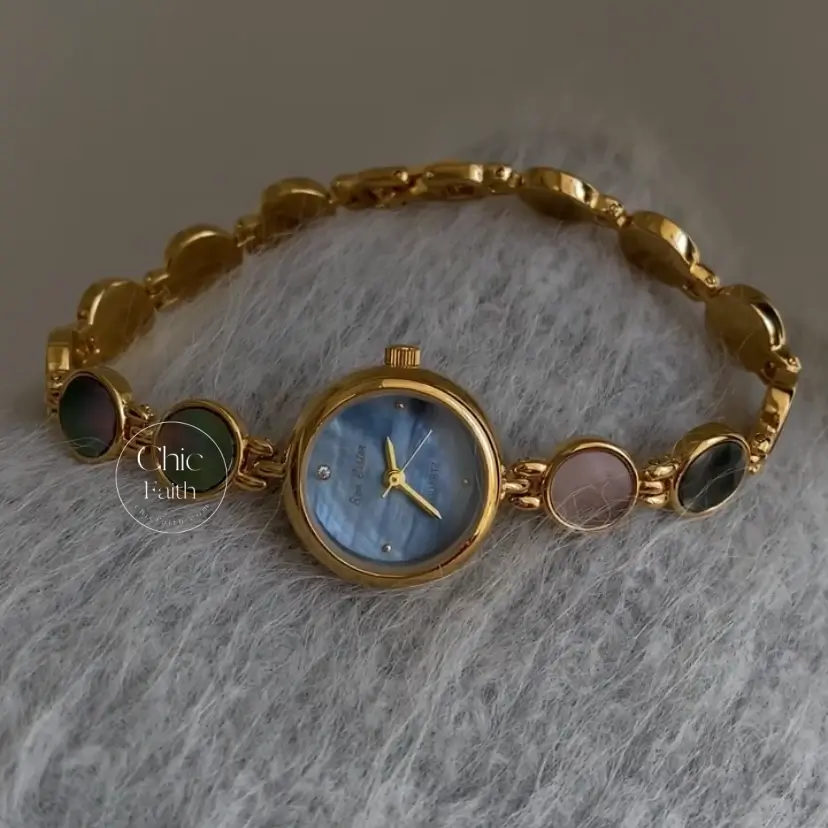 Womens Gold Round Face Watch Blue Mother of Pearl Watch – ChicFaith ...