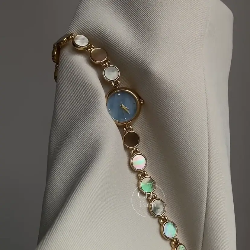 Womens Gold Round Face Watch Blue Mother of Pearl Watch – ChicFaith ...