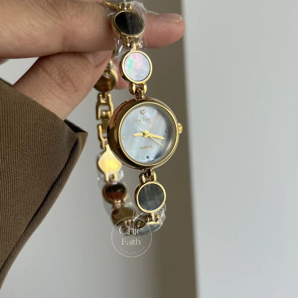 Womens Gold Round Face Watch Blue Mother of Pearl Watch – ChicFaith ...