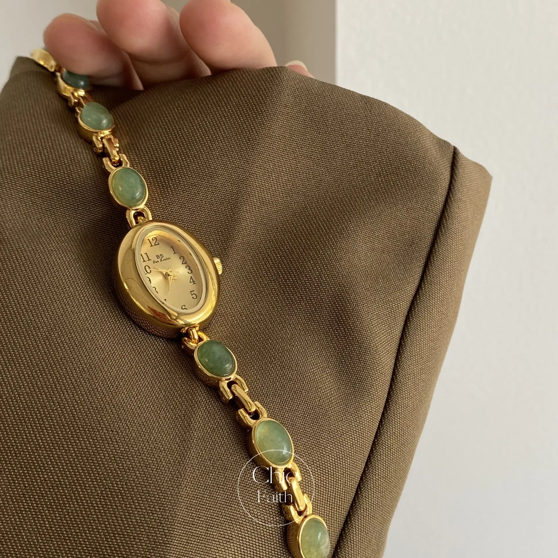 Vintage Women's Gold Watch Green Jade Stone Bracelet Watch